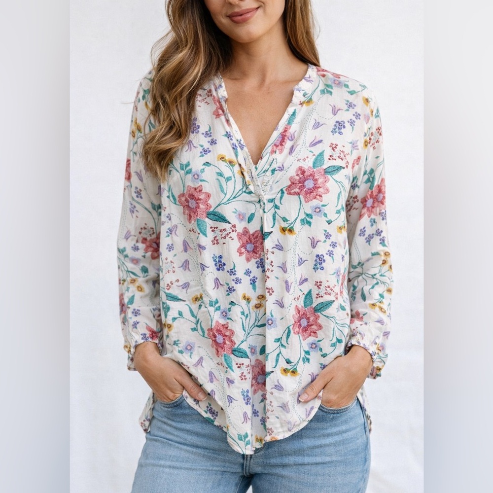 Old Navy size medium tall, off-white with colorful floral print, good condition